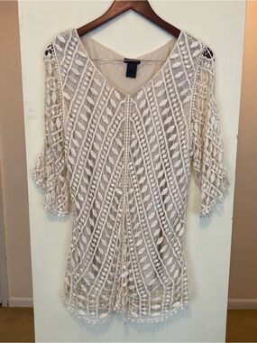 Nue Options Plus Womens 1X Ivory Crochet Lace Resortwear Summer Beach Top Shirt